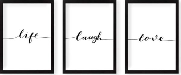 Sada plakátů v rámu 3 ks 24x29 cm Life Laugh Love – Vavien Artwork. Nejlepší citáty o lásce